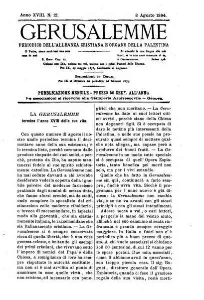 Gerusalemme periodico dell'alleanza cristiana e organo della Palestina