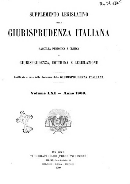 Supplemento legislativo della Giurisprudenza italiana raccolta periodica e critica di giurisprudenza, dottrina e legislazione