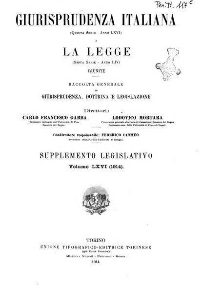 Supplemento legislativo della Giurisprudenza italiana raccolta periodica e critica di giurisprudenza, dottrina e legislazione