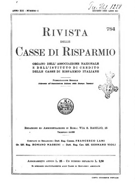 Rivista delle casse di risparmio pubblicazione mensile