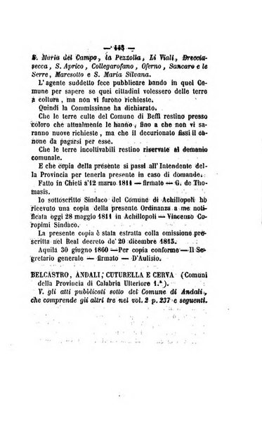 Bullettino delle ordinanze de' commissarj ripartitori de' demanj ex feudali e comunali nelle province dei rr.dd. al di qua del Faro in appendice degli atti eversivi della feudalita