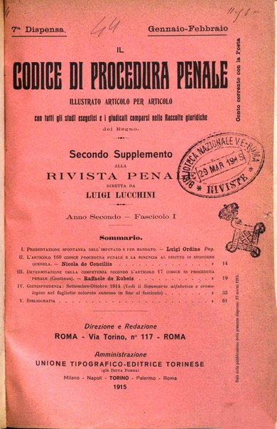 Il codice di procedura penale illustrato articolo per articolo ... secondo supplemento alla Rivista Penale