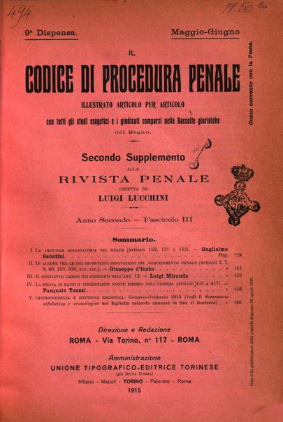 Il codice di procedura penale illustrato articolo per articolo ... secondo supplemento alla Rivista Penale