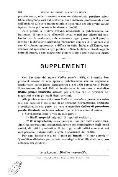 Il codice di procedura penale illustrato articolo per articolo ... secondo supplemento alla Rivista Penale