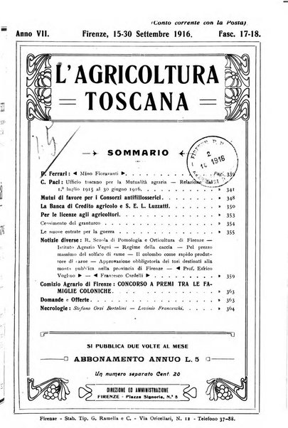 L'agricoltura toscana organo ufficiale per le principali istituzioni agrarie delle provincie di Firenze e di Arezzo