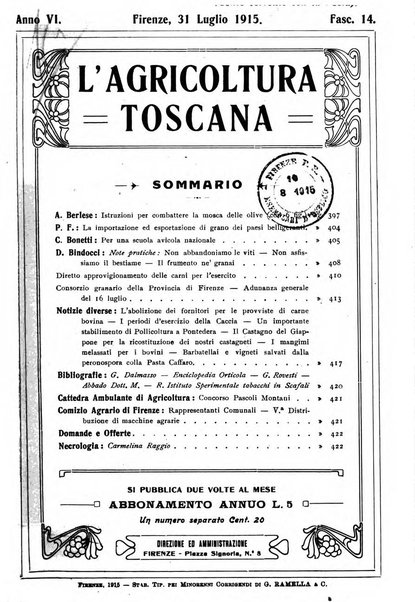 L'agricoltura toscana organo ufficiale per le principali istituzioni agrarie delle provincie di Firenze e di Arezzo