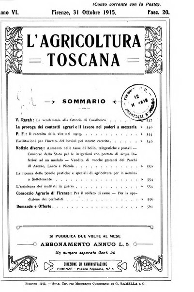 L'agricoltura toscana organo ufficiale per le principali istituzioni agrarie delle provincie di Firenze e di Arezzo