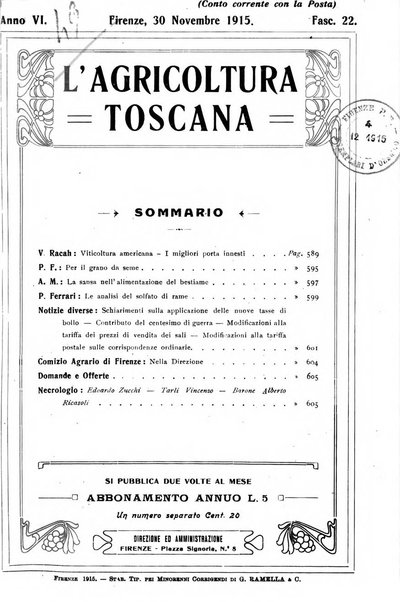 L'agricoltura toscana organo ufficiale per le principali istituzioni agrarie delle provincie di Firenze e di Arezzo