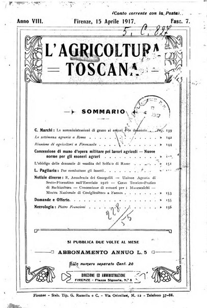 L'agricoltura toscana organo ufficiale per le principali istituzioni agrarie delle provincie di Firenze e di Arezzo