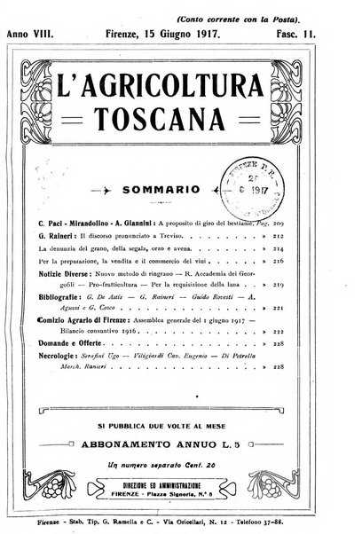 L'agricoltura toscana organo ufficiale per le principali istituzioni agrarie delle provincie di Firenze e di Arezzo