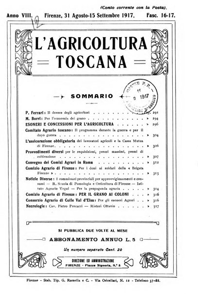 L'agricoltura toscana organo ufficiale per le principali istituzioni agrarie delle provincie di Firenze e di Arezzo