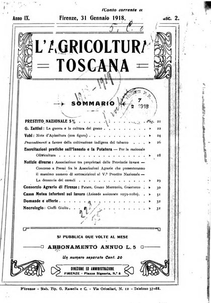 L'agricoltura toscana organo ufficiale per le principali istituzioni agrarie delle provincie di Firenze e di Arezzo