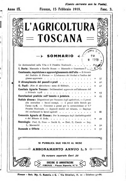 L'agricoltura toscana organo ufficiale per le principali istituzioni agrarie delle provincie di Firenze e di Arezzo