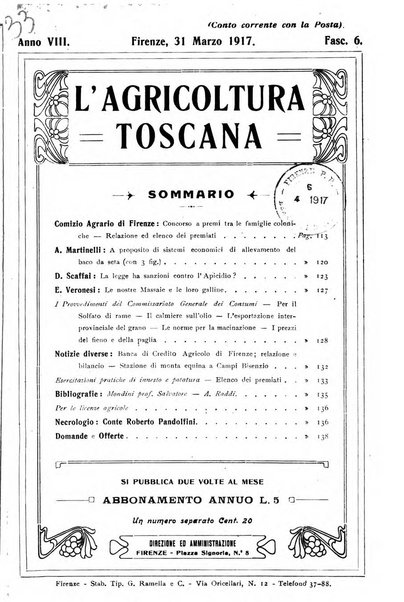 L'agricoltura toscana organo ufficiale per le principali istituzioni agrarie delle provincie di Firenze e di Arezzo