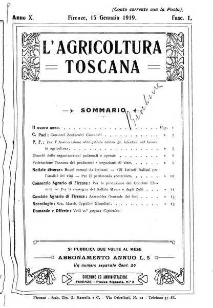 L'agricoltura toscana organo ufficiale per le principali istituzioni agrarie delle provincie di Firenze e di Arezzo