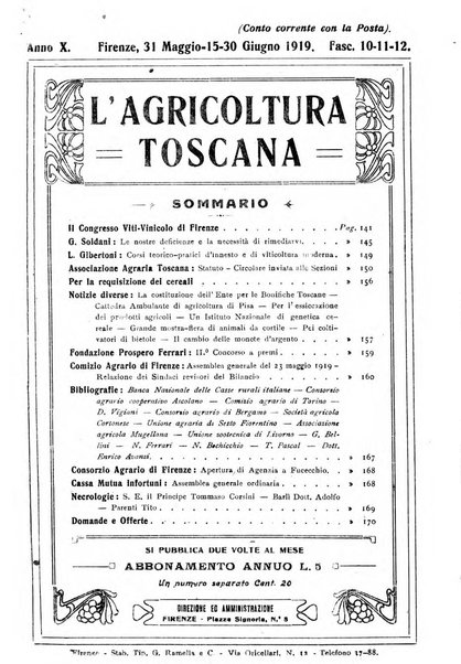 L'agricoltura toscana organo ufficiale per le principali istituzioni agrarie delle provincie di Firenze e di Arezzo