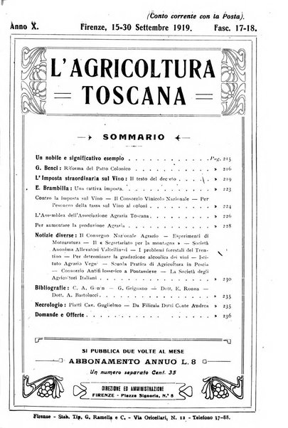 L'agricoltura toscana organo ufficiale per le principali istituzioni agrarie delle provincie di Firenze e di Arezzo