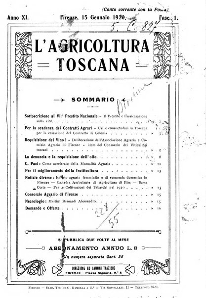 L'agricoltura toscana organo ufficiale per le principali istituzioni agrarie delle provincie di Firenze e di Arezzo