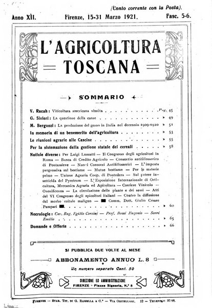 L'agricoltura toscana organo ufficiale per le principali istituzioni agrarie delle provincie di Firenze e di Arezzo