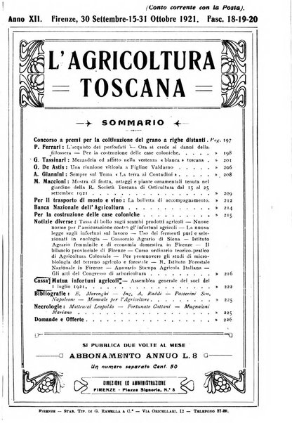 L'agricoltura toscana organo ufficiale per le principali istituzioni agrarie delle provincie di Firenze e di Arezzo