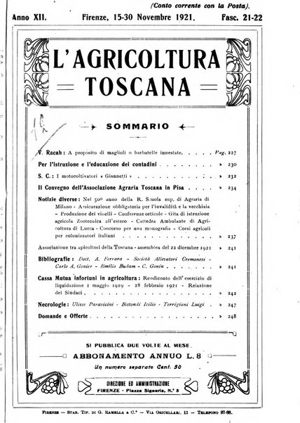 L'agricoltura toscana organo ufficiale per le principali istituzioni agrarie delle provincie di Firenze e di Arezzo