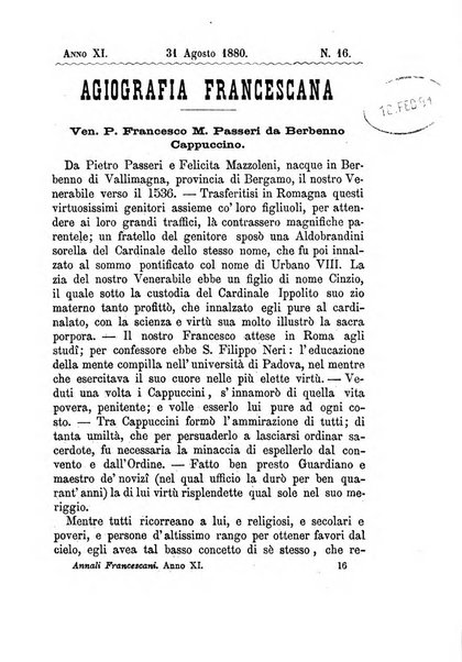 Annali francescani periodico religioso dedicato agli iscritti del Terz'ordine