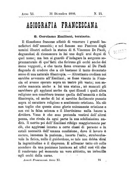 Annali francescani periodico religioso dedicato agli iscritti del Terz'ordine