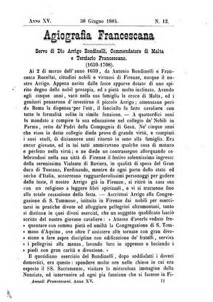 Annali francescani periodico religioso dedicato agli iscritti del Terz'ordine