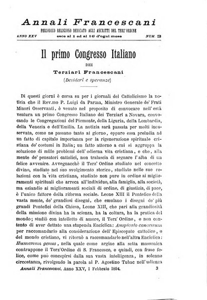 Annali francescani periodico religioso dedicato agli iscritti del Terz'ordine