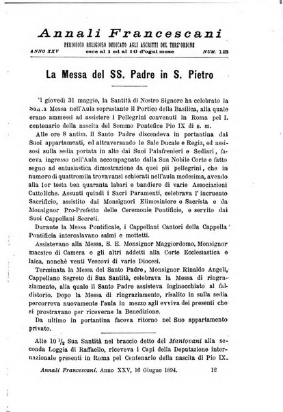 Annali francescani periodico religioso dedicato agli iscritti del Terz'ordine