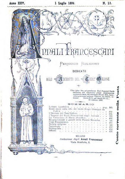 Annali francescani periodico religioso dedicato agli iscritti del Terz'ordine