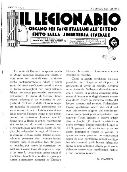 Il legionario organo dei fasci italiani all'estero e nelle colonie