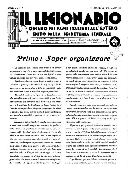 Il legionario organo dei fasci italiani all'estero e nelle colonie