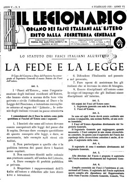 Il legionario organo dei fasci italiani all'estero e nelle colonie