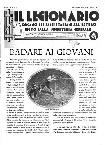 Il legionario organo dei fasci italiani all'estero e nelle colonie