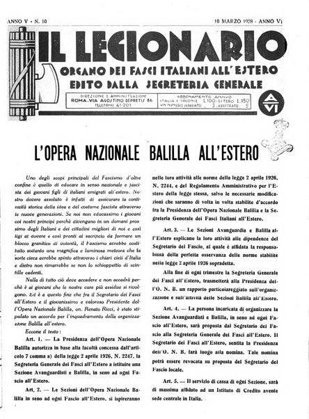 Il legionario organo dei fasci italiani all'estero e nelle colonie