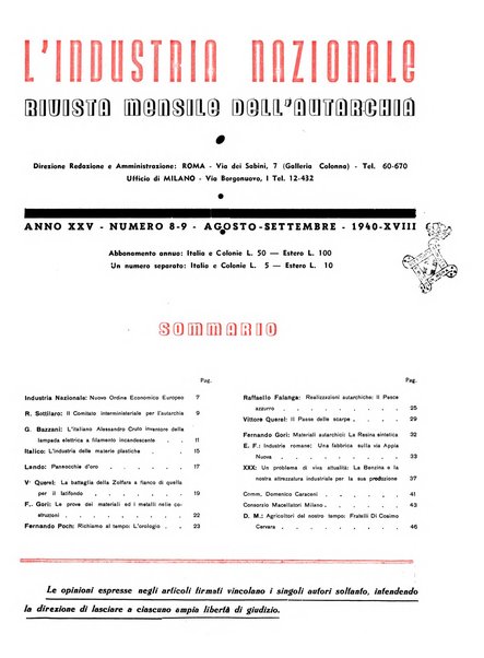 L'industria nazionale rivista mensile dell'autarchia