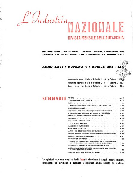 L'industria nazionale rivista mensile dell'autarchia