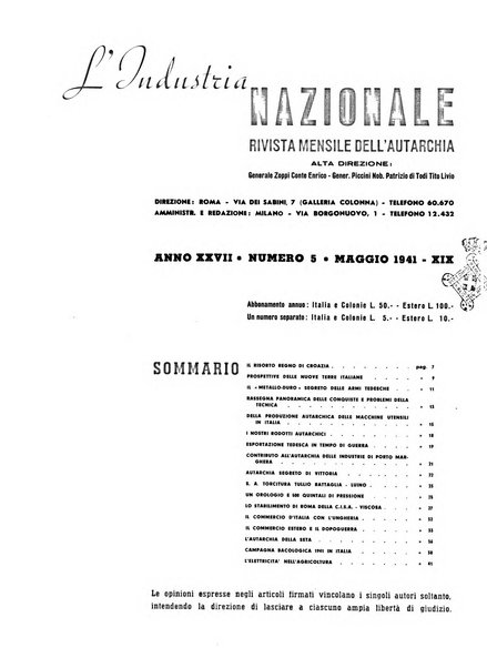 L'industria nazionale rivista mensile dell'autarchia