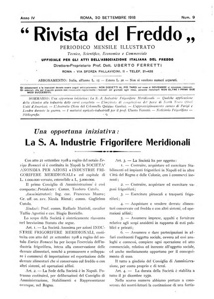 Rivista del freddo periodico mensile illustrato tecnico, scientifico, economico, commerciale