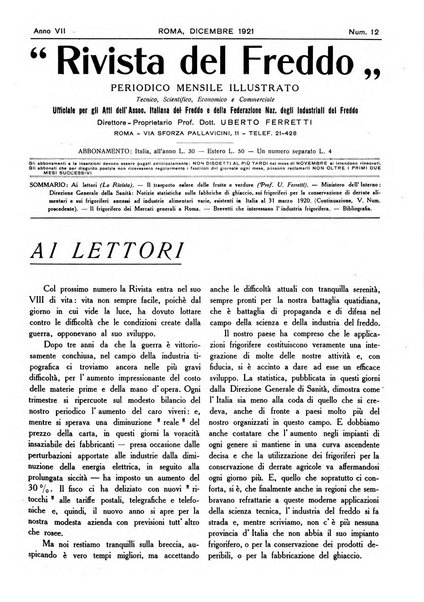 Rivista del freddo periodico mensile illustrato tecnico, scientifico, economico, commerciale