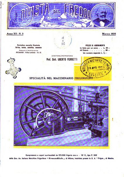 Rivista del freddo periodico mensile illustrato tecnico, scientifico, economico, commerciale