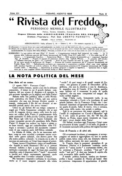 Rivista del freddo periodico mensile illustrato tecnico, scientifico, economico, commerciale