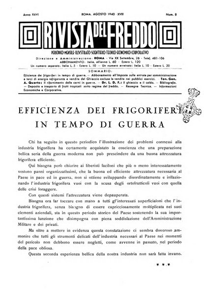 Rivista del freddo periodico mensile illustrato tecnico, scientifico, economico, commerciale