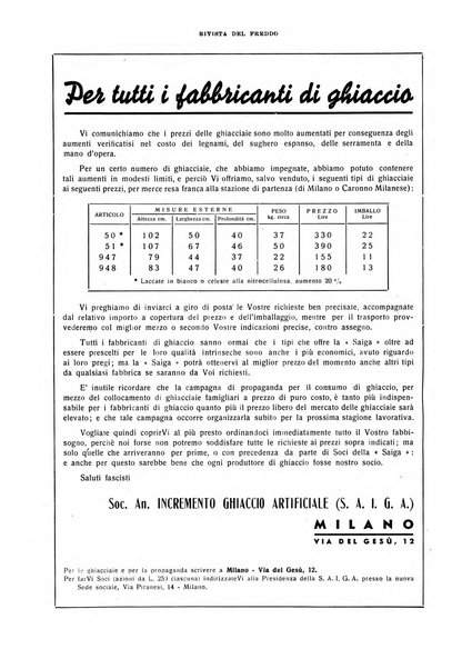 Rivista del freddo periodico mensile illustrato tecnico, scientifico, economico, commerciale