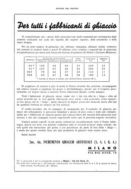 Rivista del freddo periodico mensile illustrato tecnico, scientifico, economico, commerciale