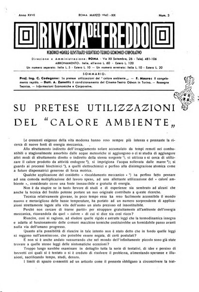 Rivista del freddo periodico mensile illustrato tecnico, scientifico, economico, commerciale