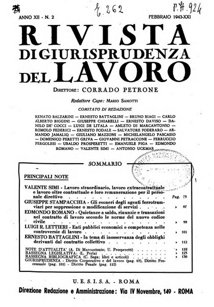 Supplemento giuridico della rivista del lavoro rassegna critica di giurisprudenza