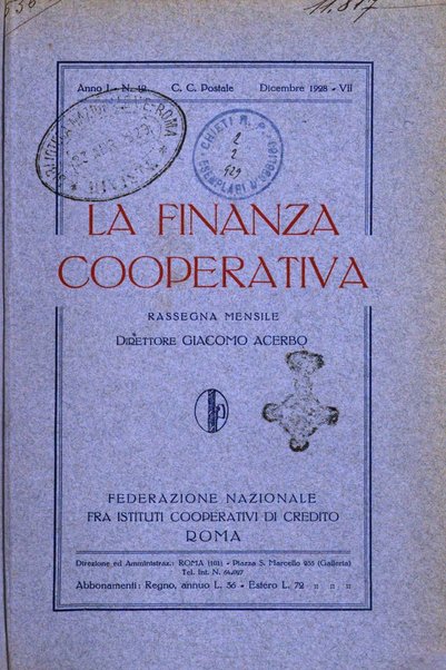 La finanza cooperativa rassegna mensile [della] Associazione nazionale fra Casse rurali, agrarie ed enti ausiliarii