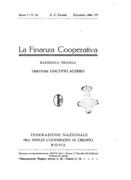 La finanza cooperativa rassegna mensile [della] Associazione nazionale fra Casse rurali, agrarie ed enti ausiliarii